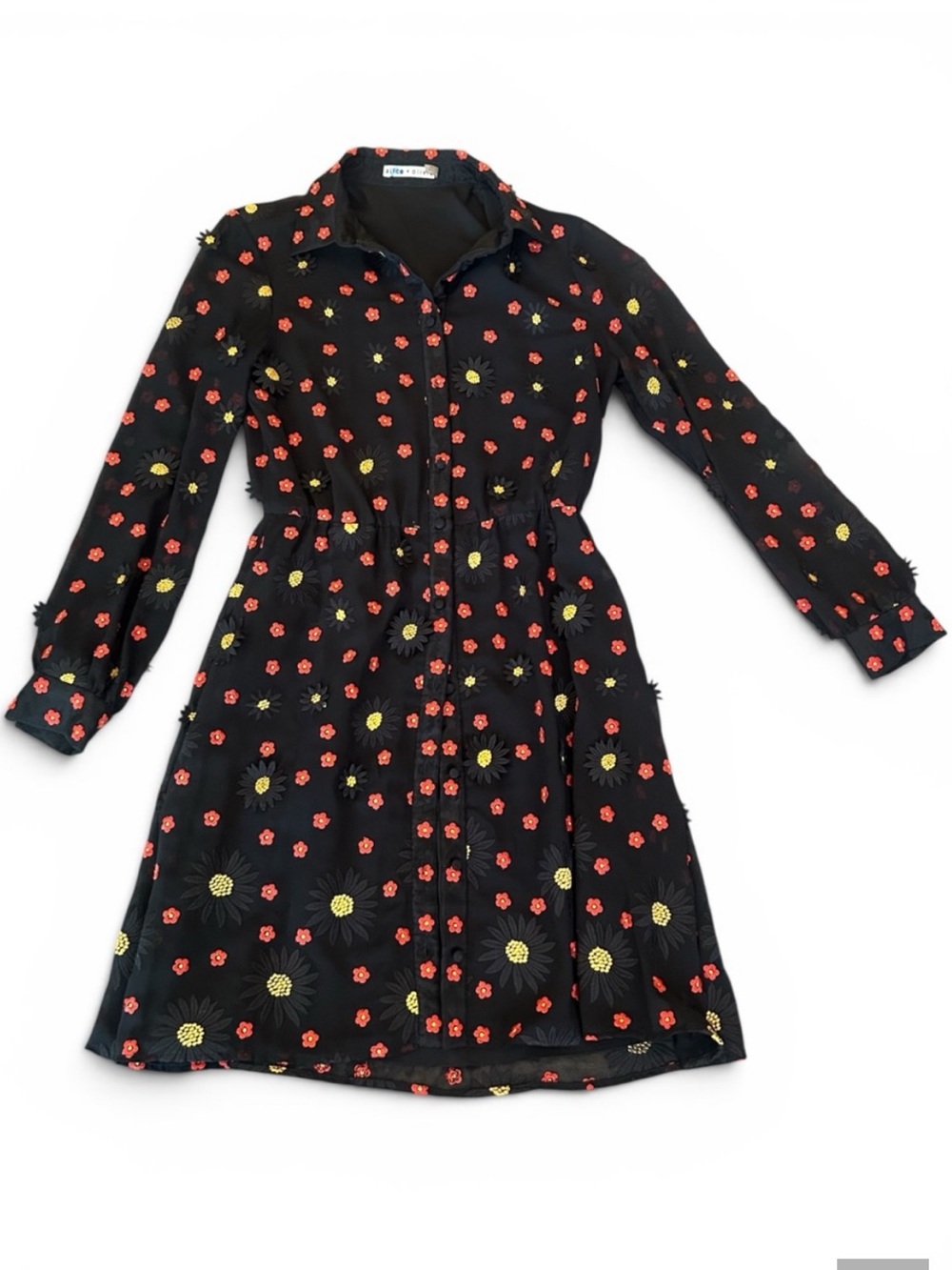 Alice + Olivia Enid Black Sheer Long-Sleeve Floral Embroidered Appliqué Size 6 - Picture 3 of 8